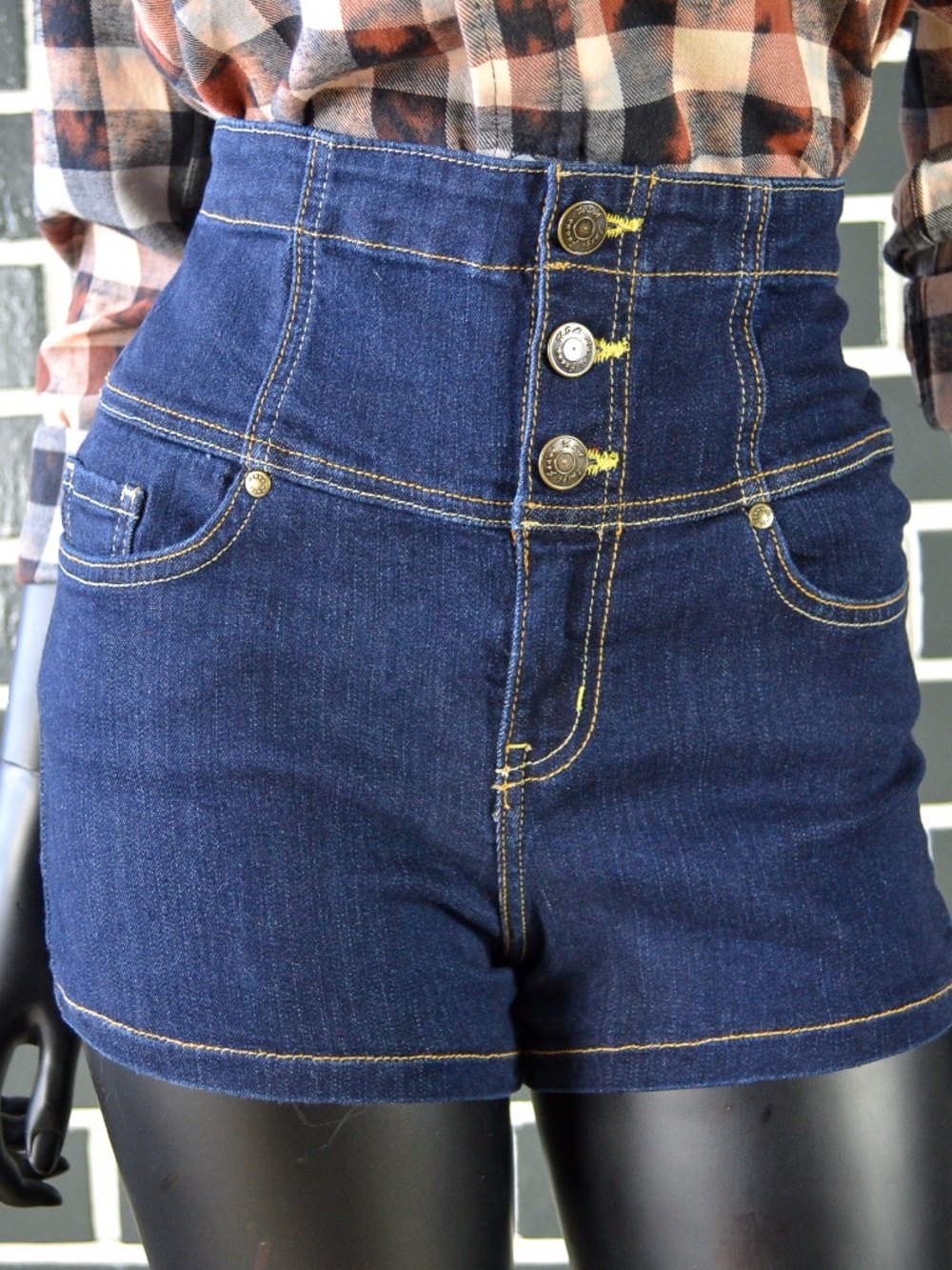Y2K High Waisted Dark Wash Denim Shorts 4 Way Stretch